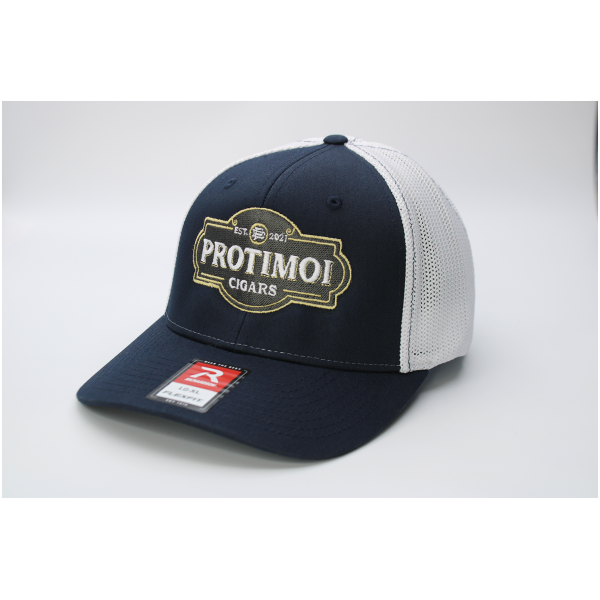 2023 Blue and White Trucker FlexFitted Front Right